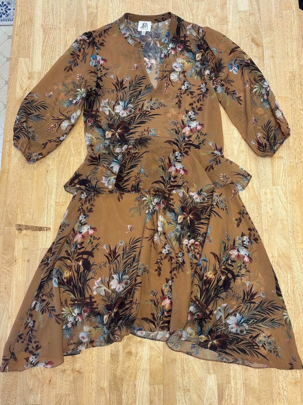 Floral High-Low Peplum Dress in Brown